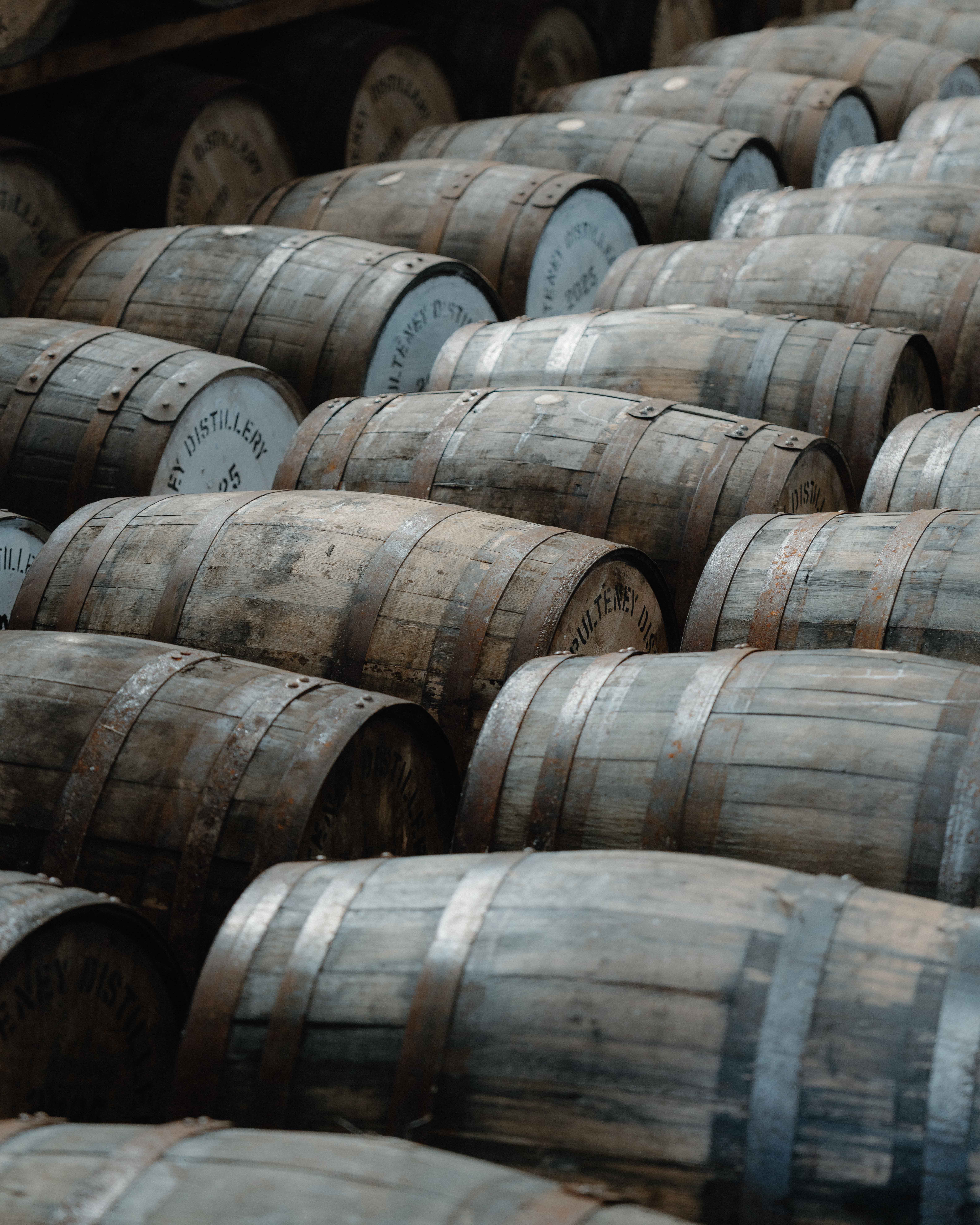 Rows of wooden whisky casks